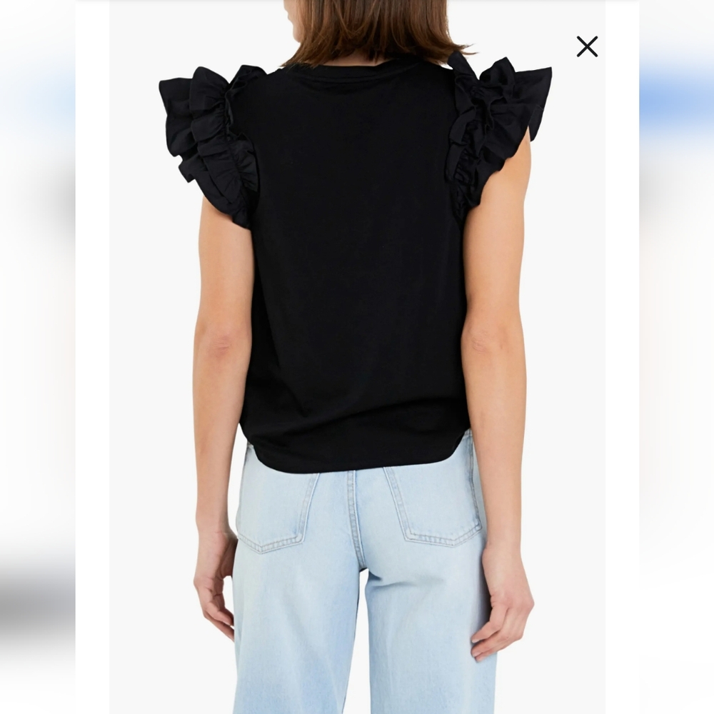 English Factory Mix Media Black Ruffle Sleeve T-Shirt Size XSmall - Picture 2 of 6